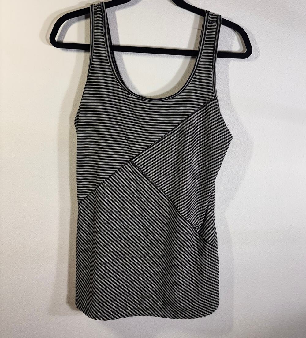 Lole Striped Athletic Tank Top XL Black Gray Asymmetrical Stretch Fit